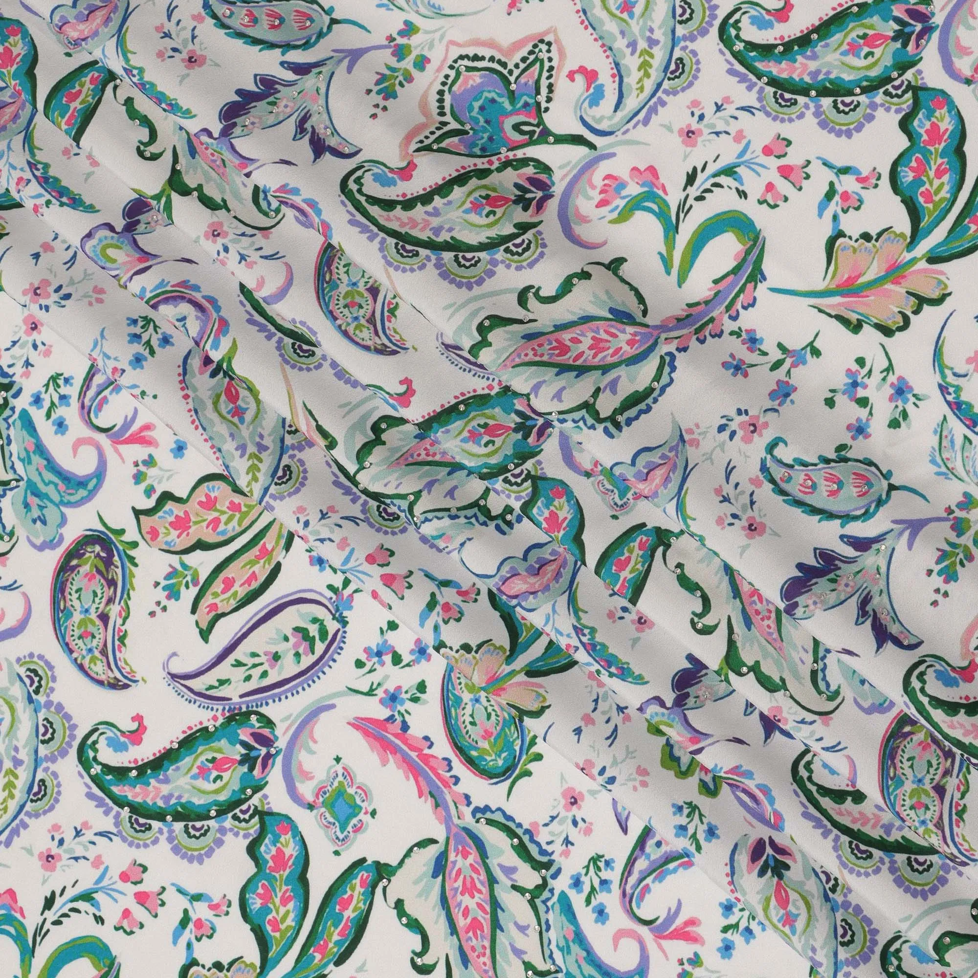 Synthetic Modal Satin Fabric with Stone Work - Vibrant Paisley Design in Green and Pink on White, 110 cm Width-D20654