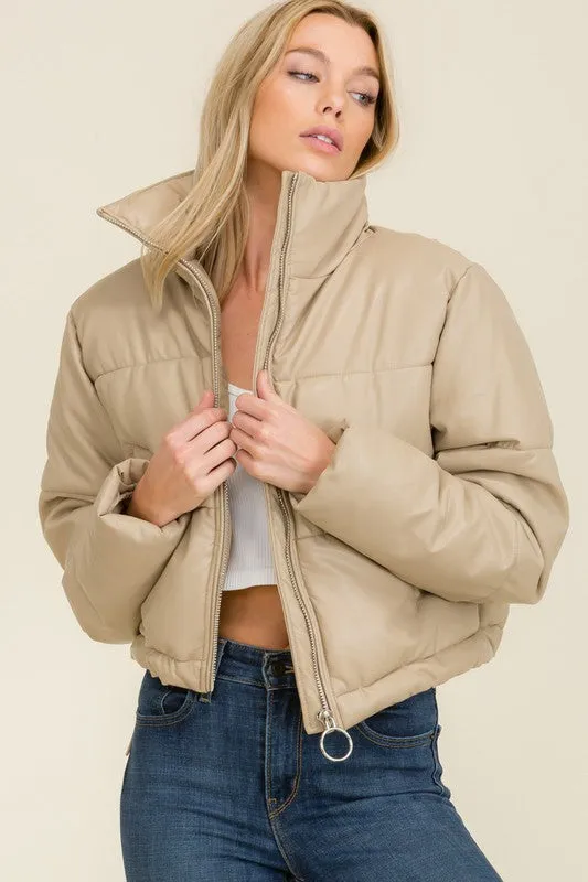 Taupe Faux Leather Long Sleeve Fluffy Puffer Jackets