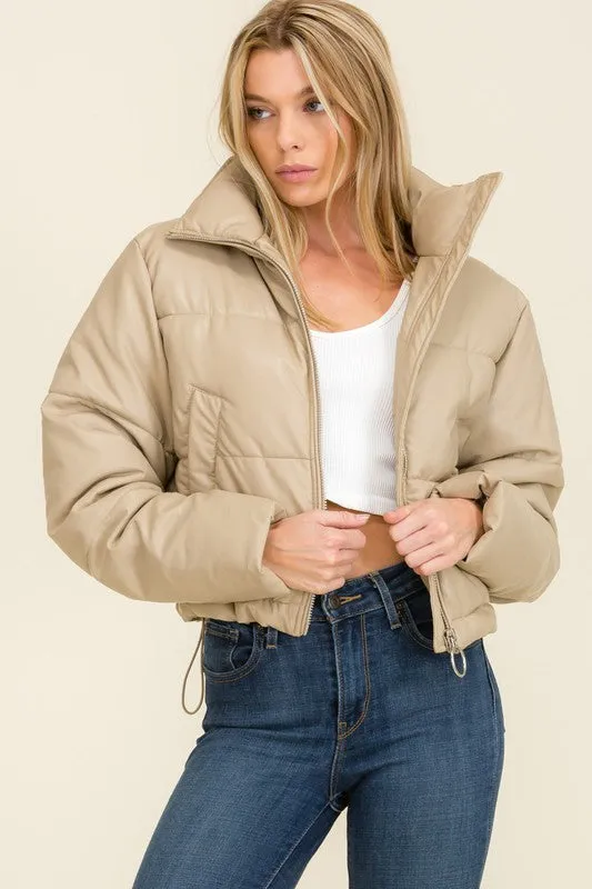 Taupe Faux Leather Long Sleeve Fluffy Puffer Jackets