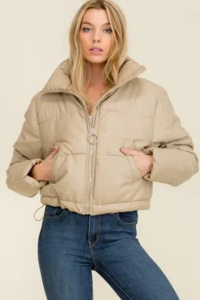 Taupe Faux Leather Long Sleeve Fluffy Puffer Jackets