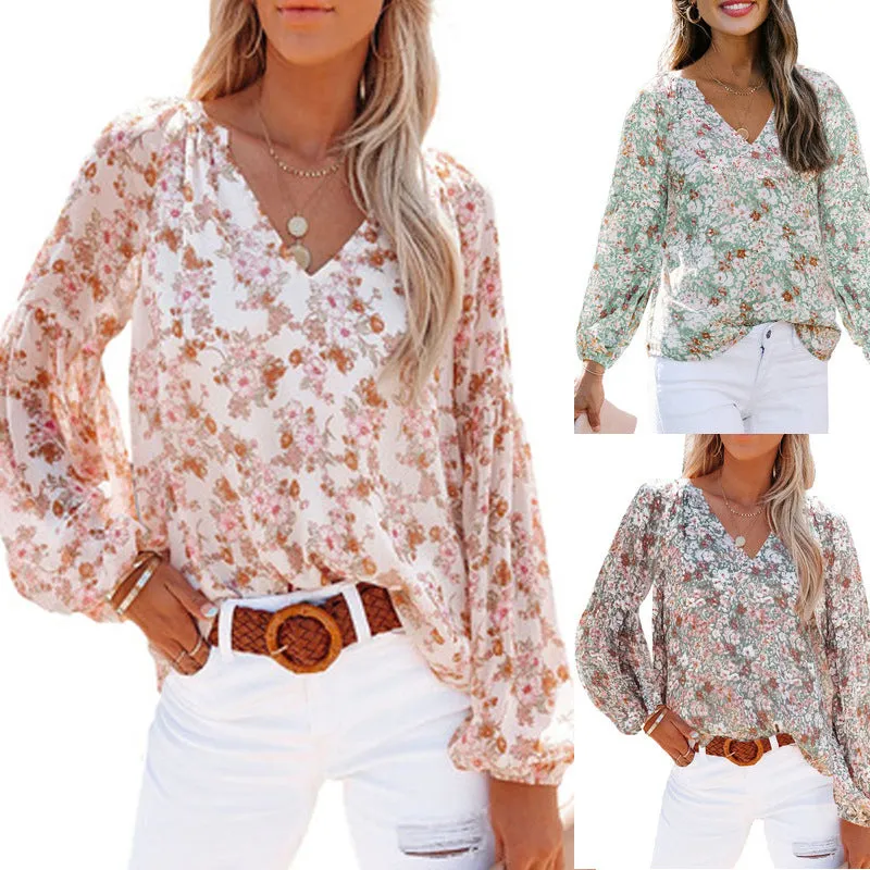 V-neck lantern sleeve floral chiffon shirt