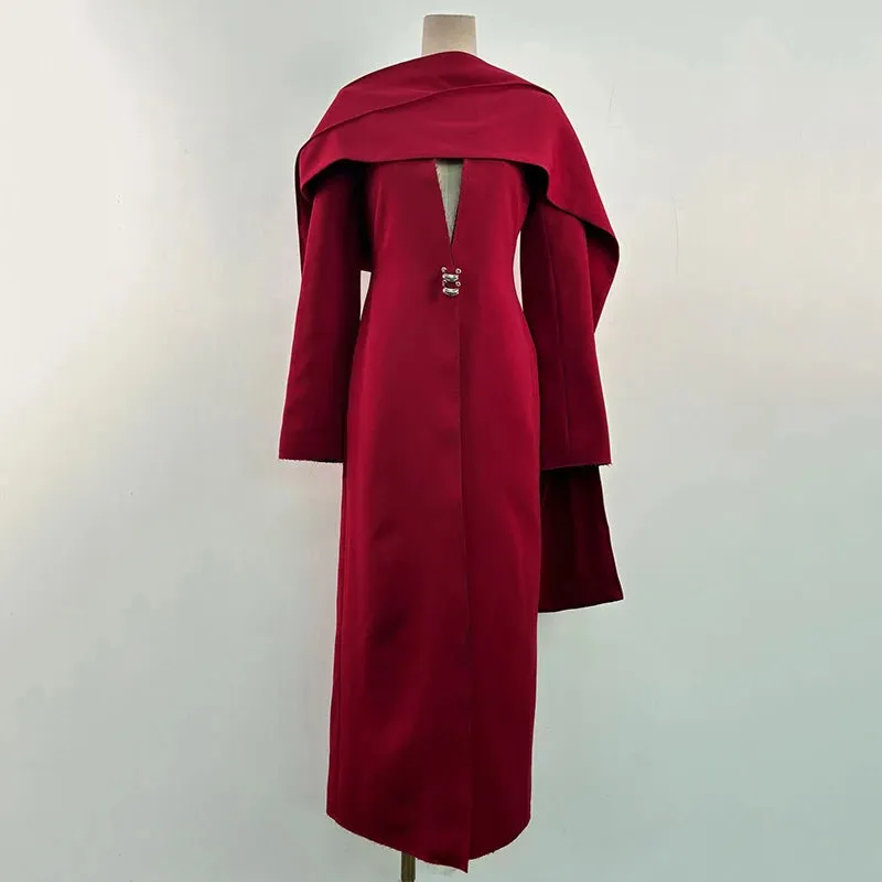 V Neck Shawl Single Button Slim Maxi Formal Trench Maxi Coat