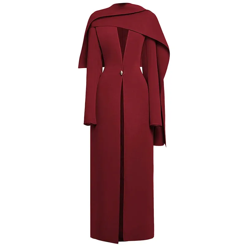 V Neck Shawl Single Button Slim Maxi Formal Trench Maxi Coat