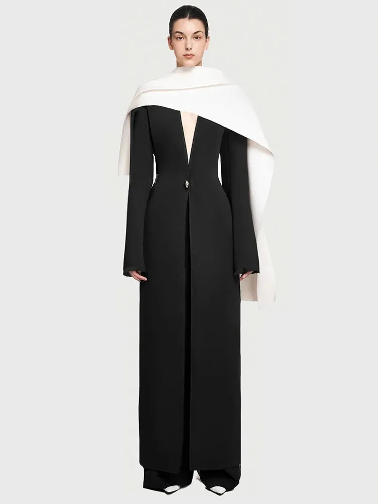 V Neck Shawl Single Button Slim Maxi Formal Trench Maxi Coat