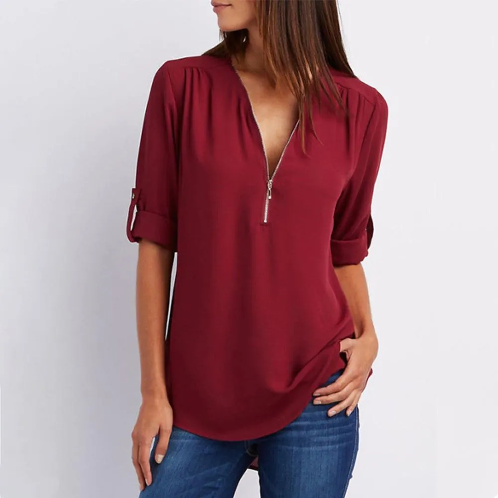 V Neck Zipper Patchwork Plain Blouses