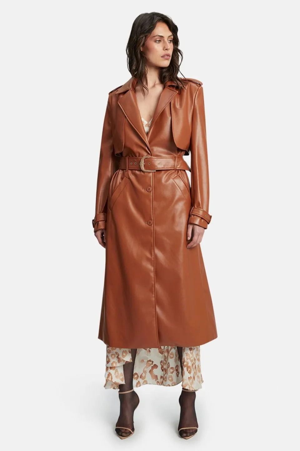 Vegan Leather Trench Coat - Tan