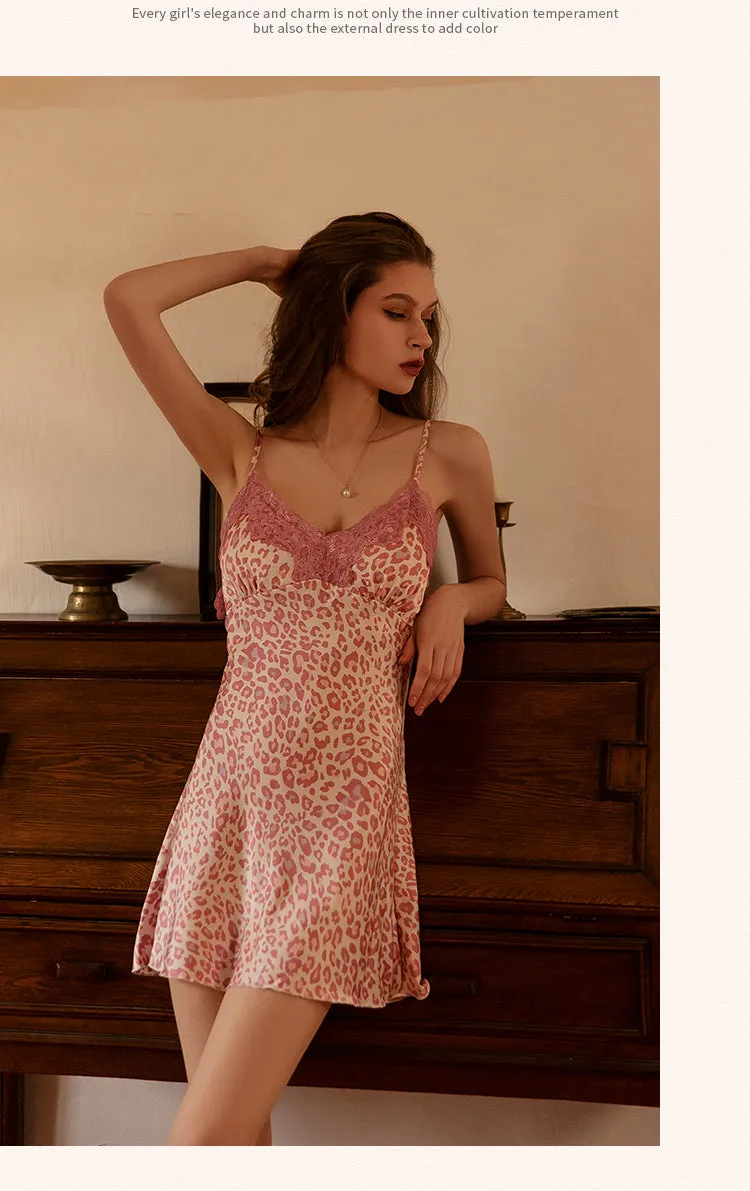 VenusFox Pink Leopard Night Dress Women Sexy Lingerie Nightgown Peignoirs Sleepwear Silk Nightwear Home Clothes Above Knee Mini