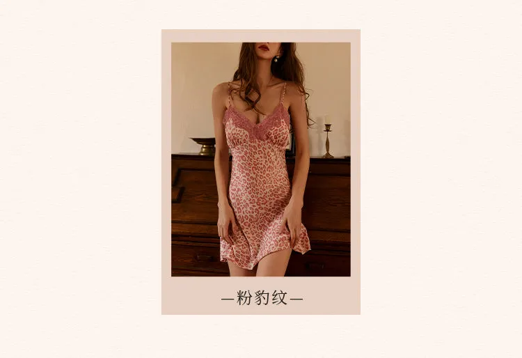 VenusFox Pink Leopard Night Dress Women Sexy Lingerie Nightgown Peignoirs Sleepwear Silk Nightwear Home Clothes Above Knee Mini