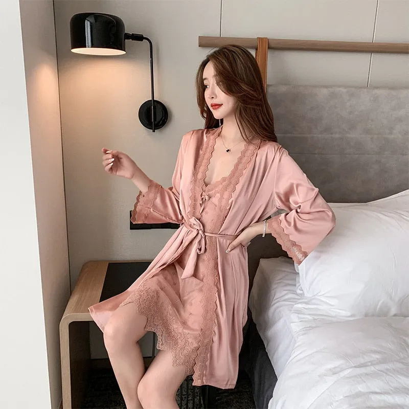 VenusFox Sleepwear Female Pajamas Set Viscose filament Sexy Lace Bridal Nightwear Wear Nighty Robe Women's pajamas home clothes