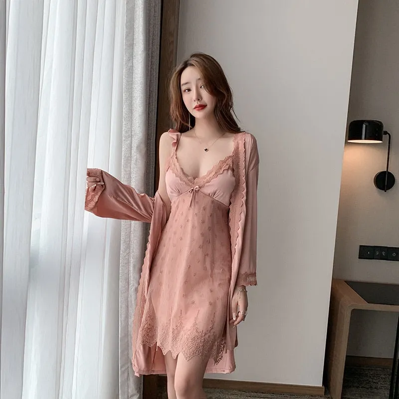 VenusFox Sleepwear Female Pajamas Set Viscose filament Sexy Lace Bridal Nightwear Wear Nighty Robe Women's pajamas home clothes