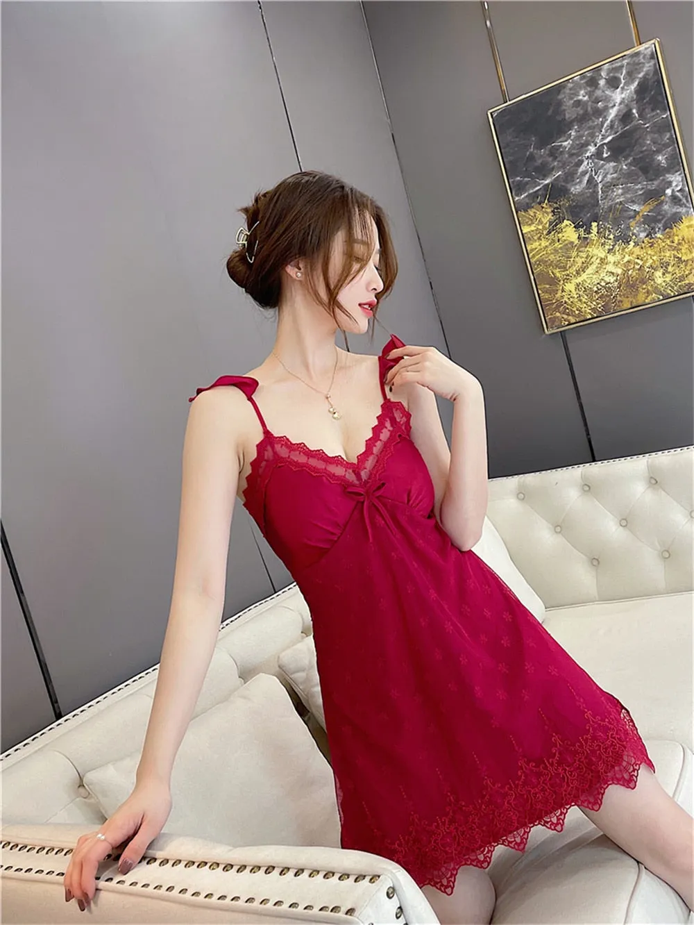 VenusFox Sleepwear Female Pajamas Set Viscose filament Sexy Lace Bridal Nightwear Wear Nighty Robe Women's pajamas home clothes