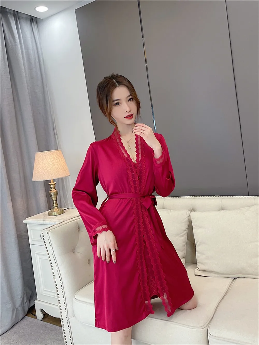 VenusFox Sleepwear Female Pajamas Set Viscose filament Sexy Lace Bridal Nightwear Wear Nighty Robe Women's pajamas home clothes