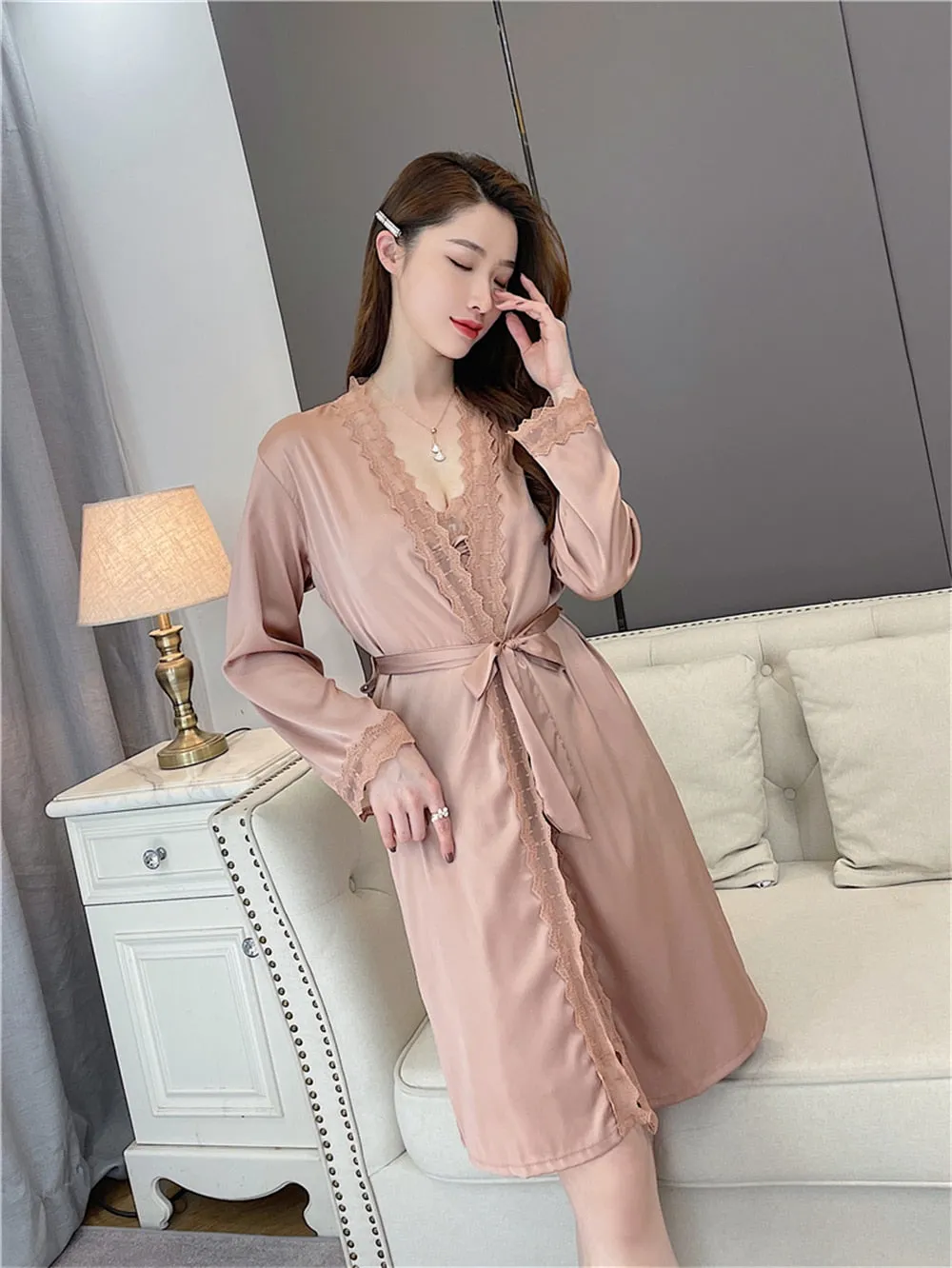 VenusFox Sleepwear Female Pajamas Set Viscose filament Sexy Lace Bridal Nightwear Wear Nighty Robe Women's pajamas home clothes