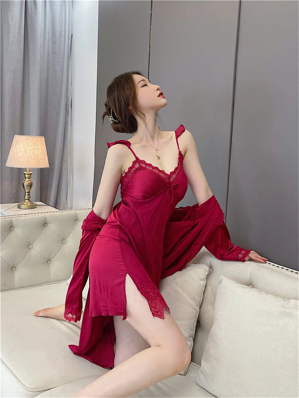 VenusFox Sleepwear Female Pajamas Set Viscose filament Sexy Lace Bridal Nightwear Wear Nighty Robe Women's pajamas home clothes