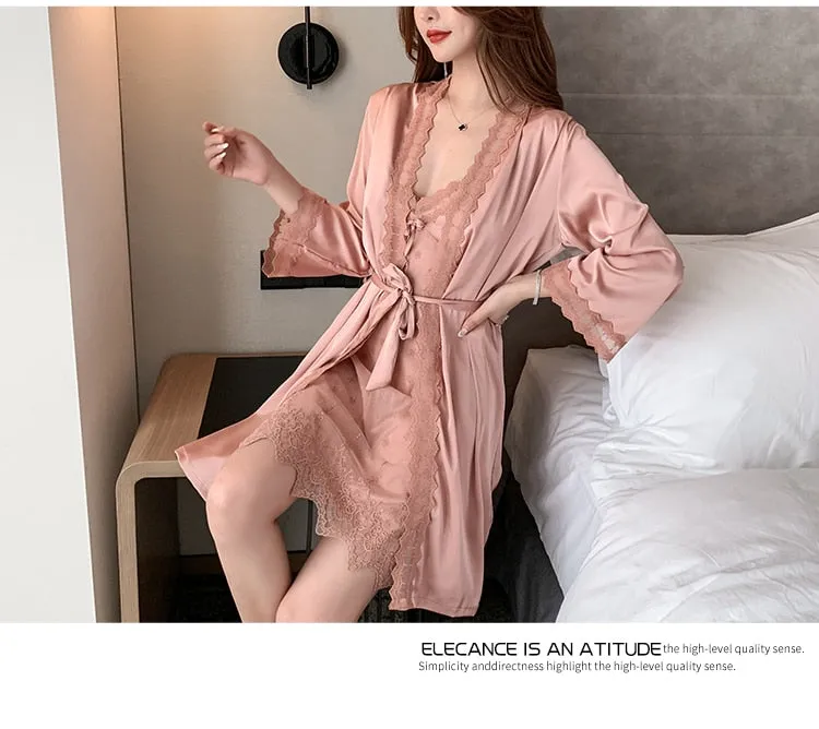 VenusFox Sleepwear Female Pajamas Set Viscose filament Sexy Lace Bridal Nightwear Wear Nighty Robe Women's pajamas home clothes