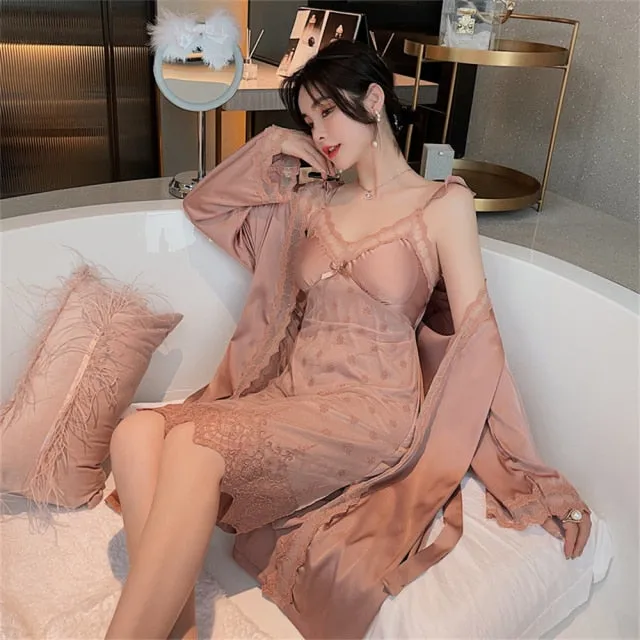 VenusFox Sleepwear Female Pajamas Set Viscose filament Sexy Lace Bridal Nightwear Wear Nighty Robe Women's pajamas home clothes