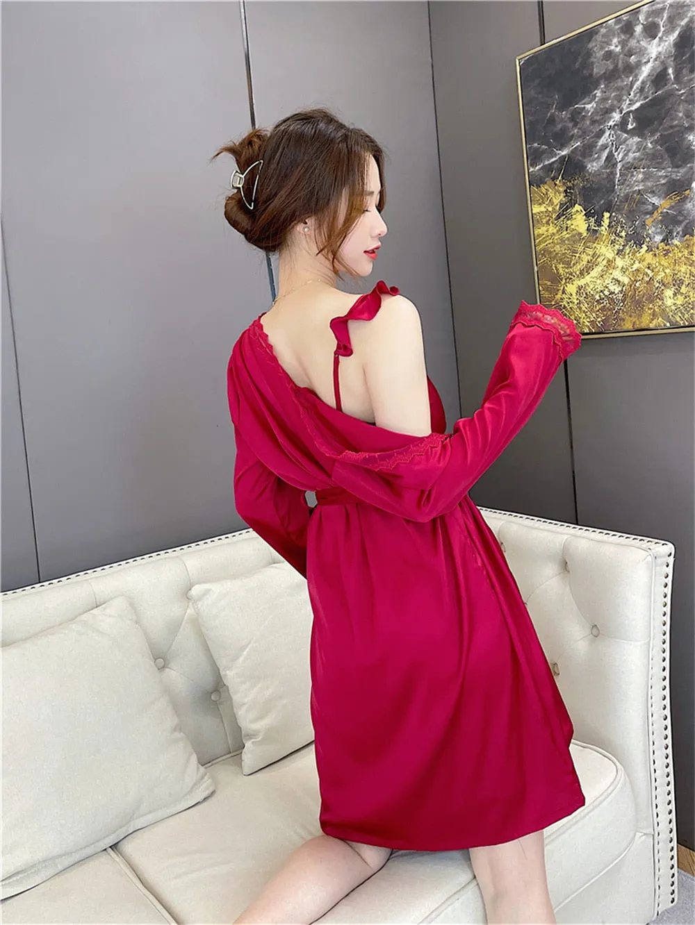 VenusFox Sleepwear Female Pajamas Set Viscose filament Sexy Lace Bridal Nightwear Wear Nighty Robe Women's pajamas home clothes