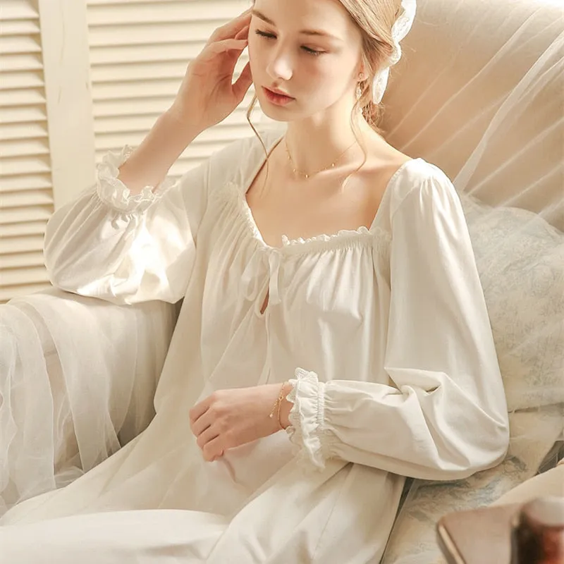 VenusFox White Nightgown Sleepwear Lady Spring Autumn Long Sleeve Nightdress Loose Women Princess Nightgowns Comfortable