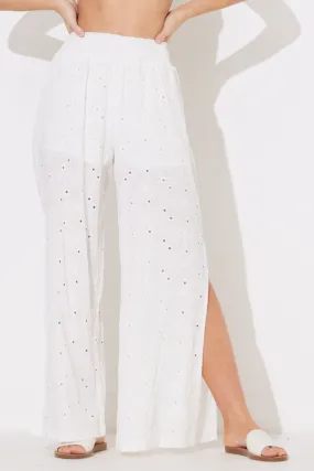 White Floral Eyelet Gaucho Pants