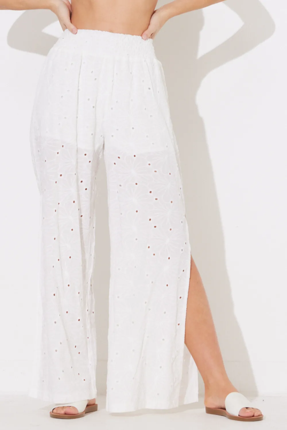 White Floral Eyelet Gaucho Pants