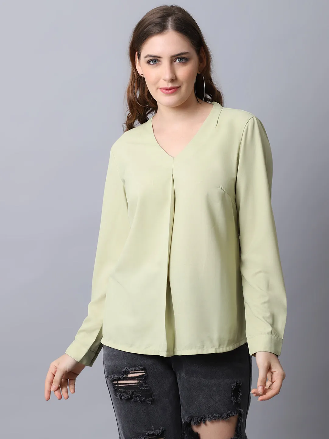 Women's Basic  Green Solid V neck Top