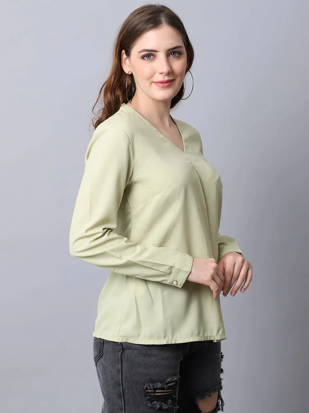 Women's Basic  Green Solid V neck Top